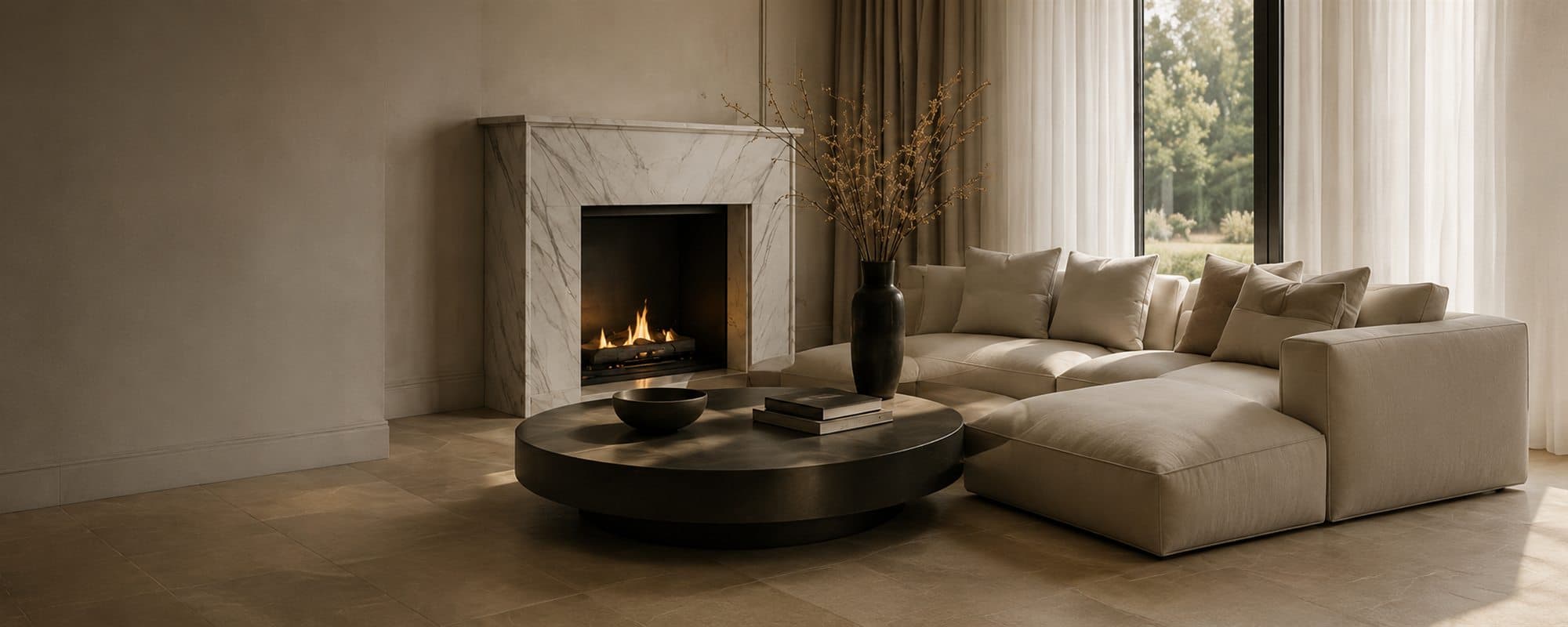 A living room with a marble fireplace and a low bronze table