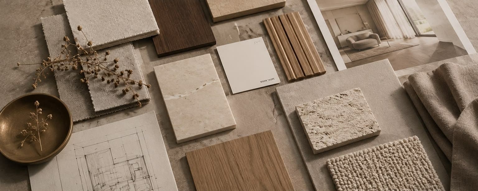 A material board of stone, timber, plaster and textile samples laid out on a marble surface