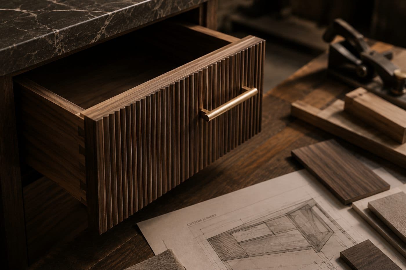 A fluted walnut drawer with a brass handle on a workbench, beside its joinery drawing